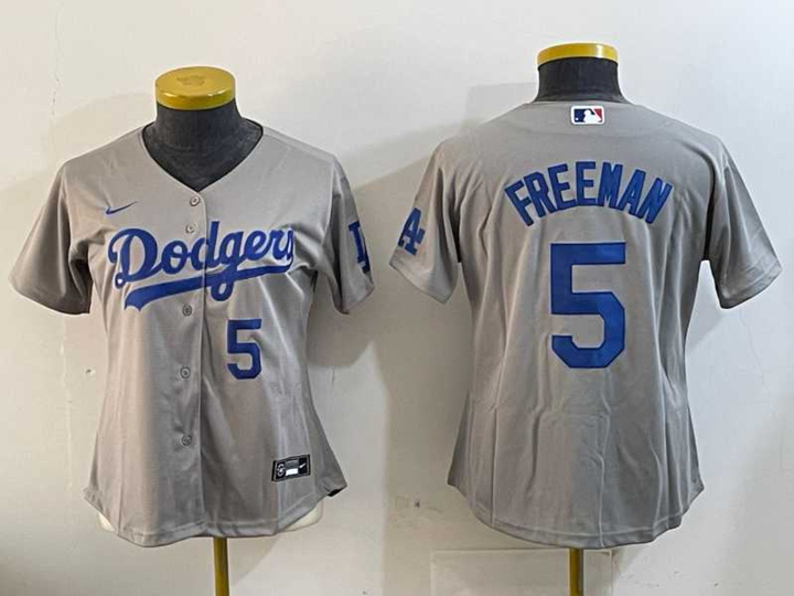Women%27s Los Angeles Dodgers #5 Freddie Freeman Number Grey Cool Base Stitched Jerseys